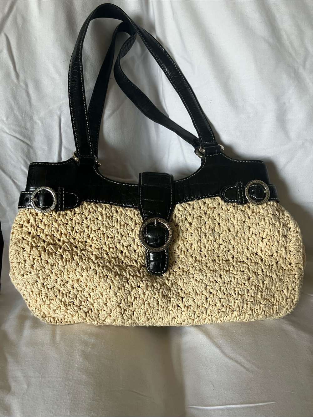 Brighton Black and Natural Straw Shoulder Bag